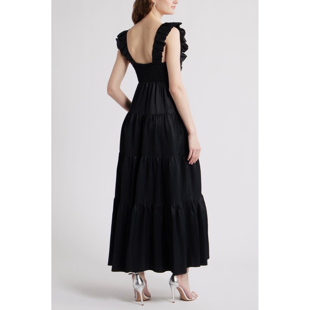 Chelsea 28 Dress Size Large Black Ruffle V-Neck Smocked Tiered Maxi Linen Blend - Picture 2 of 9